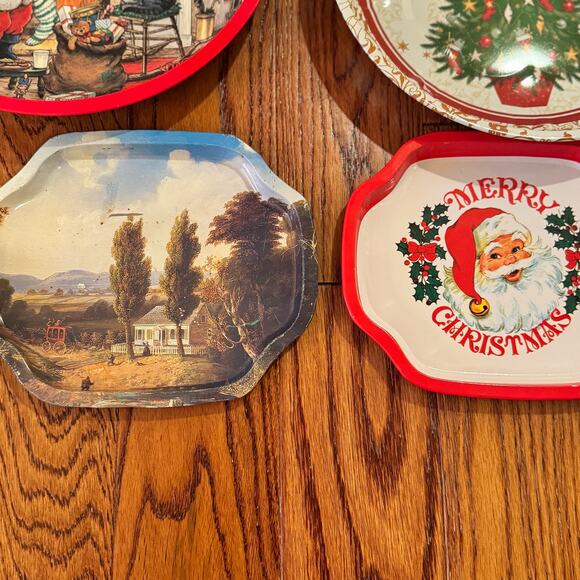 VTG Christmas 5 Metal Serving Trays Plates Round Rectangle Cookies Santa Holiday - Picture 12 of 13